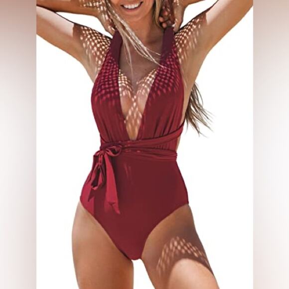 CUPSHE NWT Deep Red One Piece Swimsuit with Deep V-Neck and Tie Back Size Medium - Picture 1 of 9